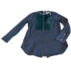 Figue Long Sleeve Blue Blouse Shirt Top Sequin Detail 100% Cotton Luxury Small